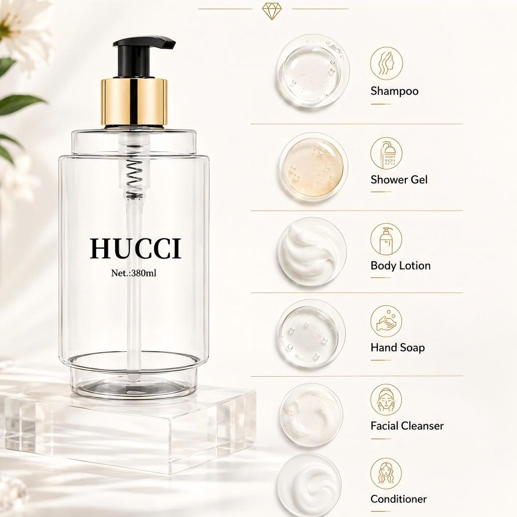 380ml clear square PET pump bottle suitable for shampoo shower gel body lotion hand soap facial cleanser}