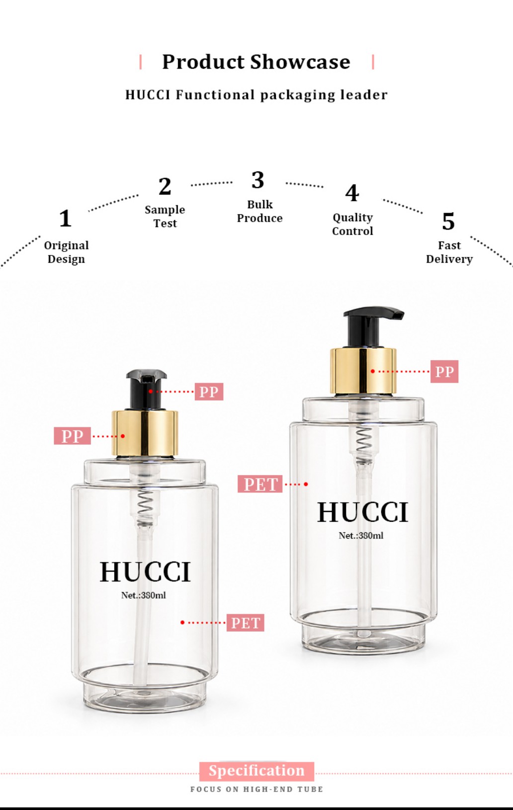 Product showcase 380ml clear square PET cosmetic pump bottle PP pump gold electroplating material diagram Product showcase 380ml clear square PET cosmetic pump bottle PP pump gold electroplating material diagram