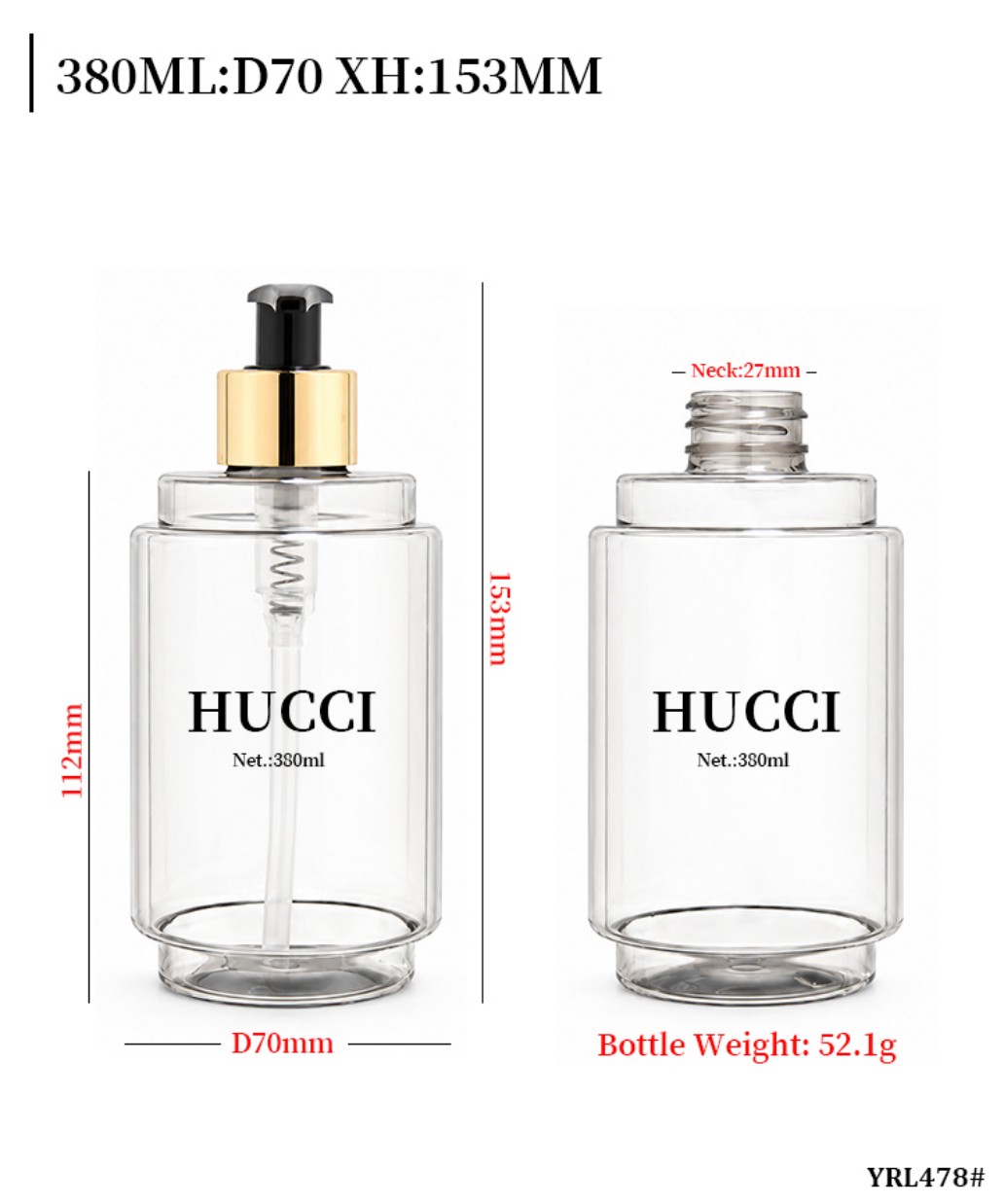 380ml YRL478# D70 XH153mm clear square PET lotion bottle size specification drawing dimension data 380ml YRL478# D70 XH153mm clear square PET lotion bottle size specification drawing dimension data