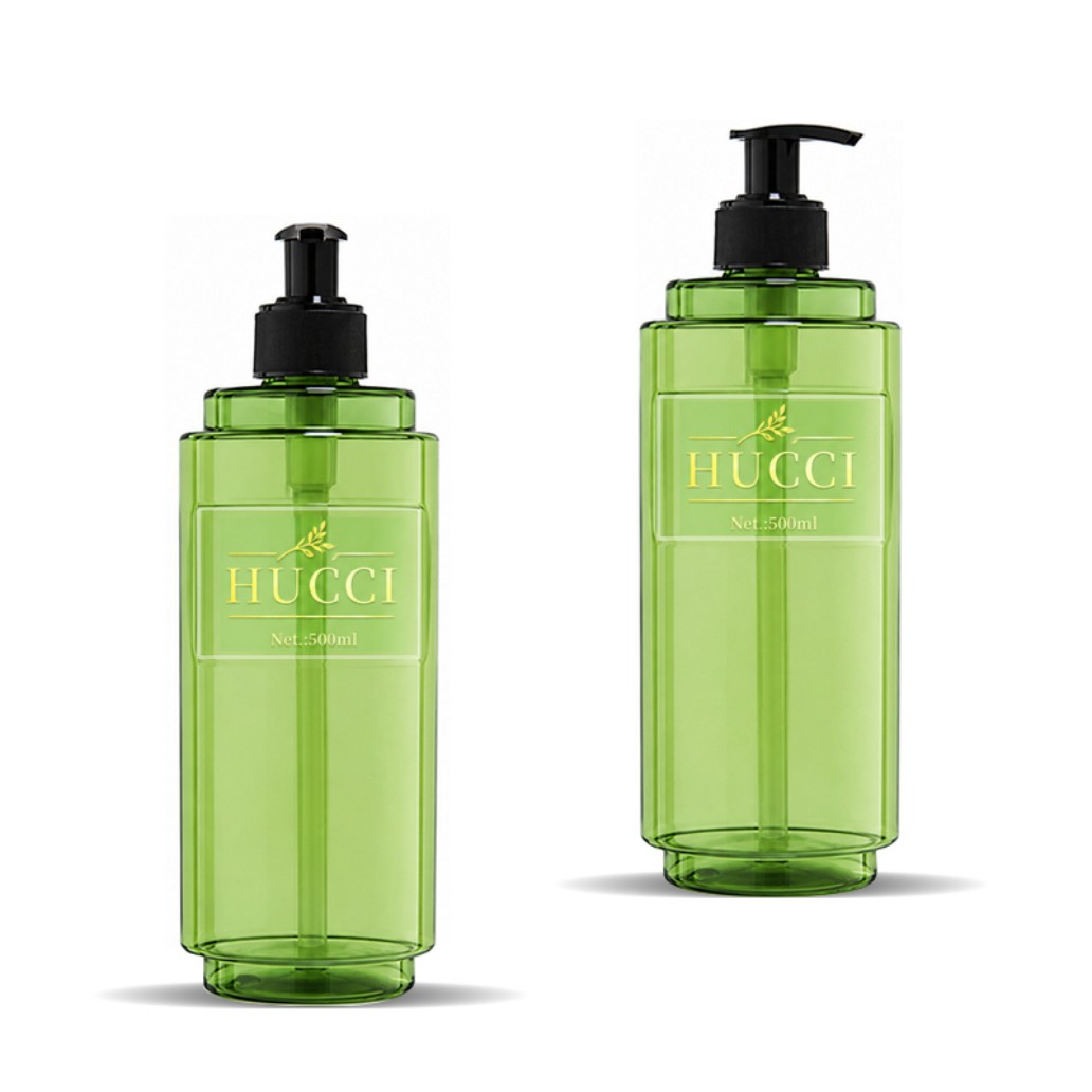 500ml green cylindrical PET lotion pump bottle two sizes white background with black PP dispenser pump