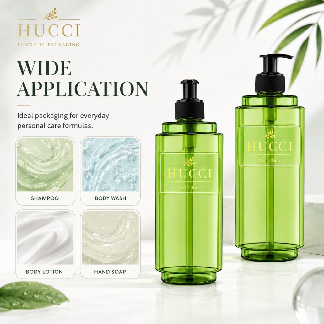 500ml green cylindrical PET pump bottle wide application for shampoo body wash body lotion hand soap}