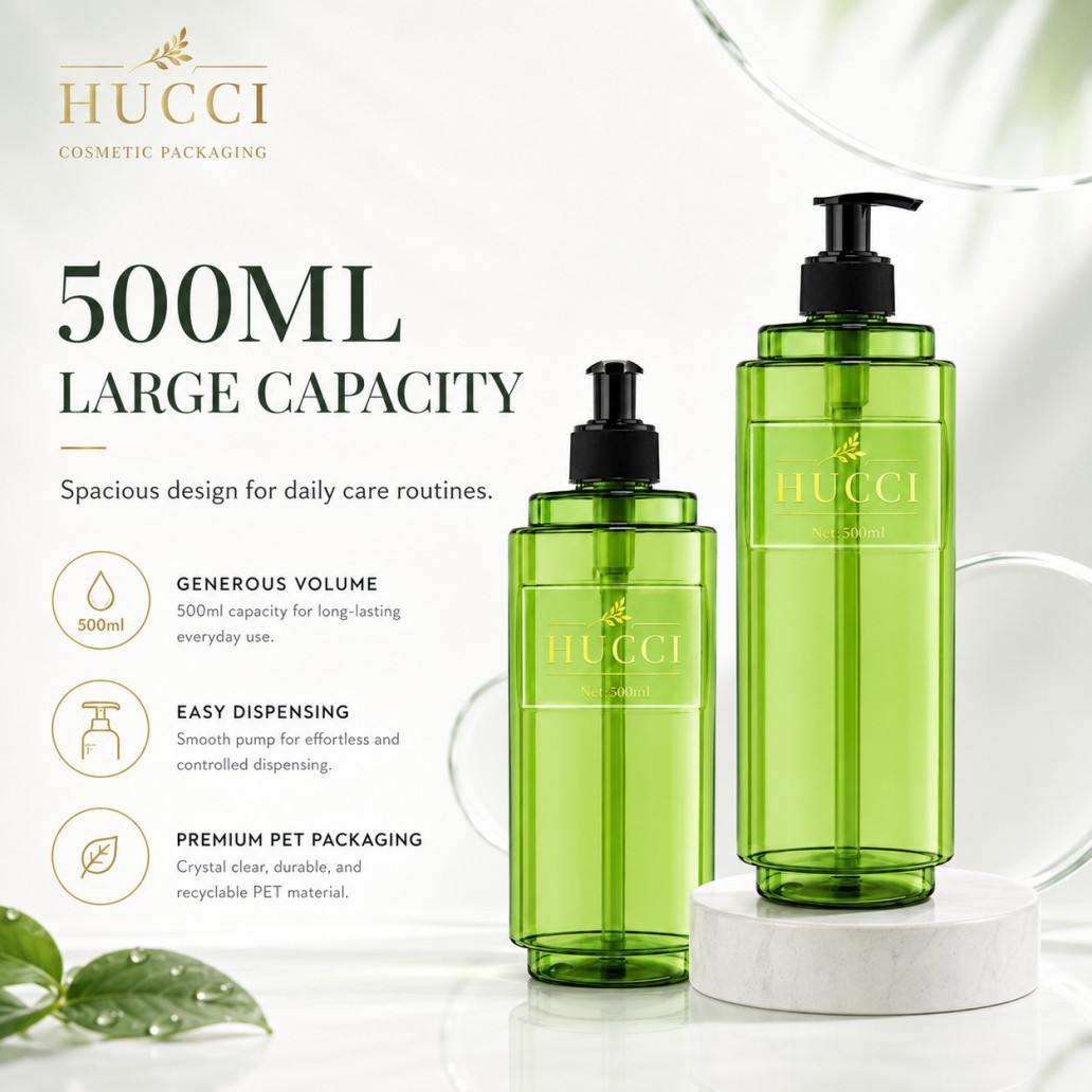 500ml large capacity green PET cylinder lotion pump bottle premium recyclable PET cosmetic packaging 500ml large capacity green PET cylinder lotion pump bottle premium recyclable PET cosmetic packaging