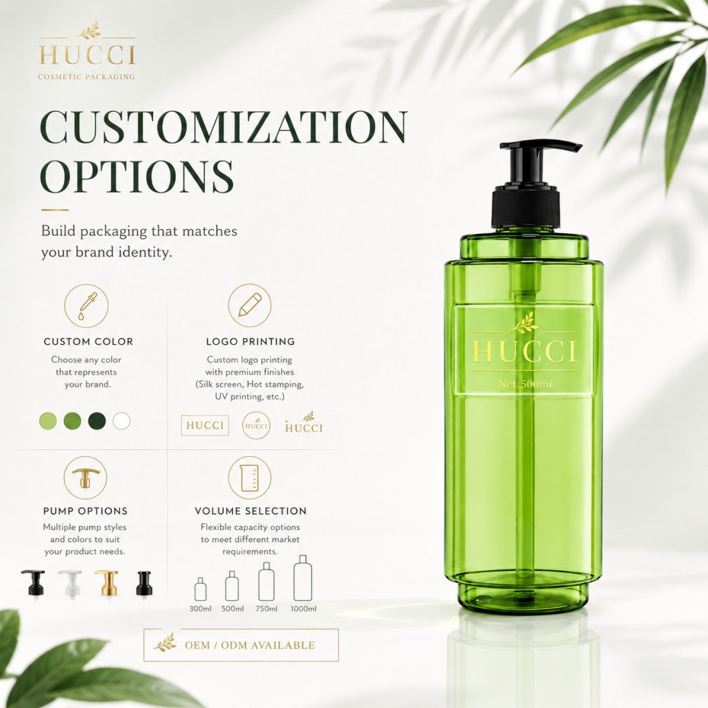 Customization options 500ml green PET pump bottle custom color logo printing pump style volume selection Customization options 500ml green PET pump bottle custom color logo printing pump style volume selection