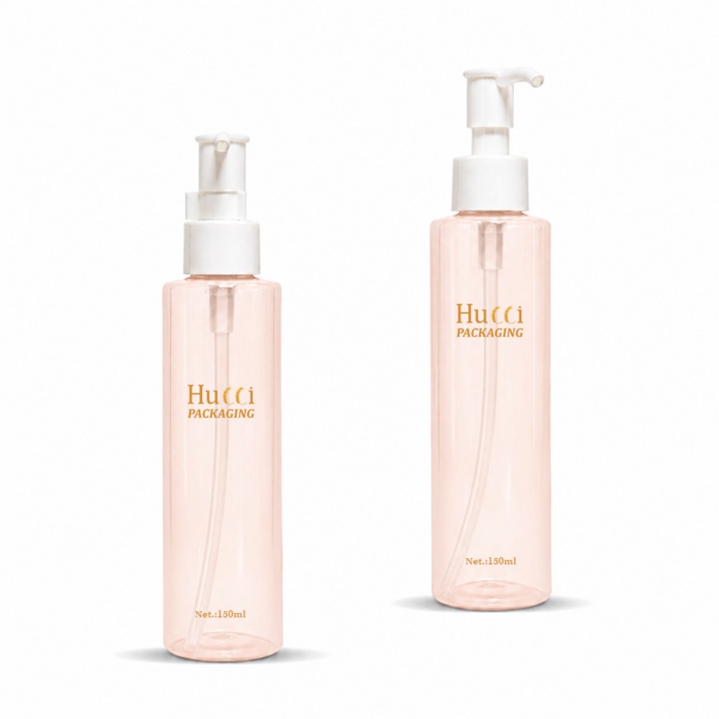 150ml light pink cylindrical PET lotion pump bottle two sizes white background with white PP dispenser pump