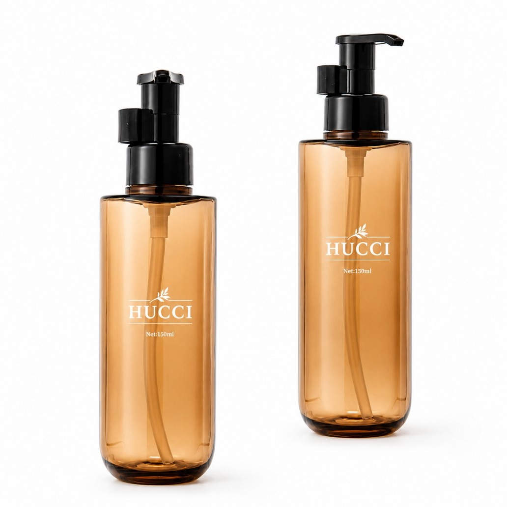150ml amber square PET lotion pump bottle two sizes white background with black PP dispenser pump YRL515