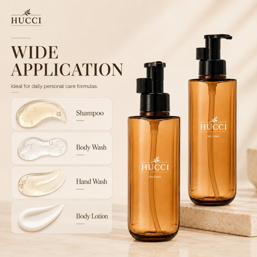 150ml amber square PET pump bottle wide application for shampoo body wash hand wash body lotion packaging}