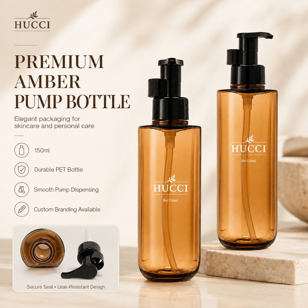 Premium 150ml amber square PET lotion pump bottle leak resistant black PP pump skincare cosmetic packaging Premium 150ml amber square PET lotion pump bottle leak resistant black PP pump skincare cosmetic packaging