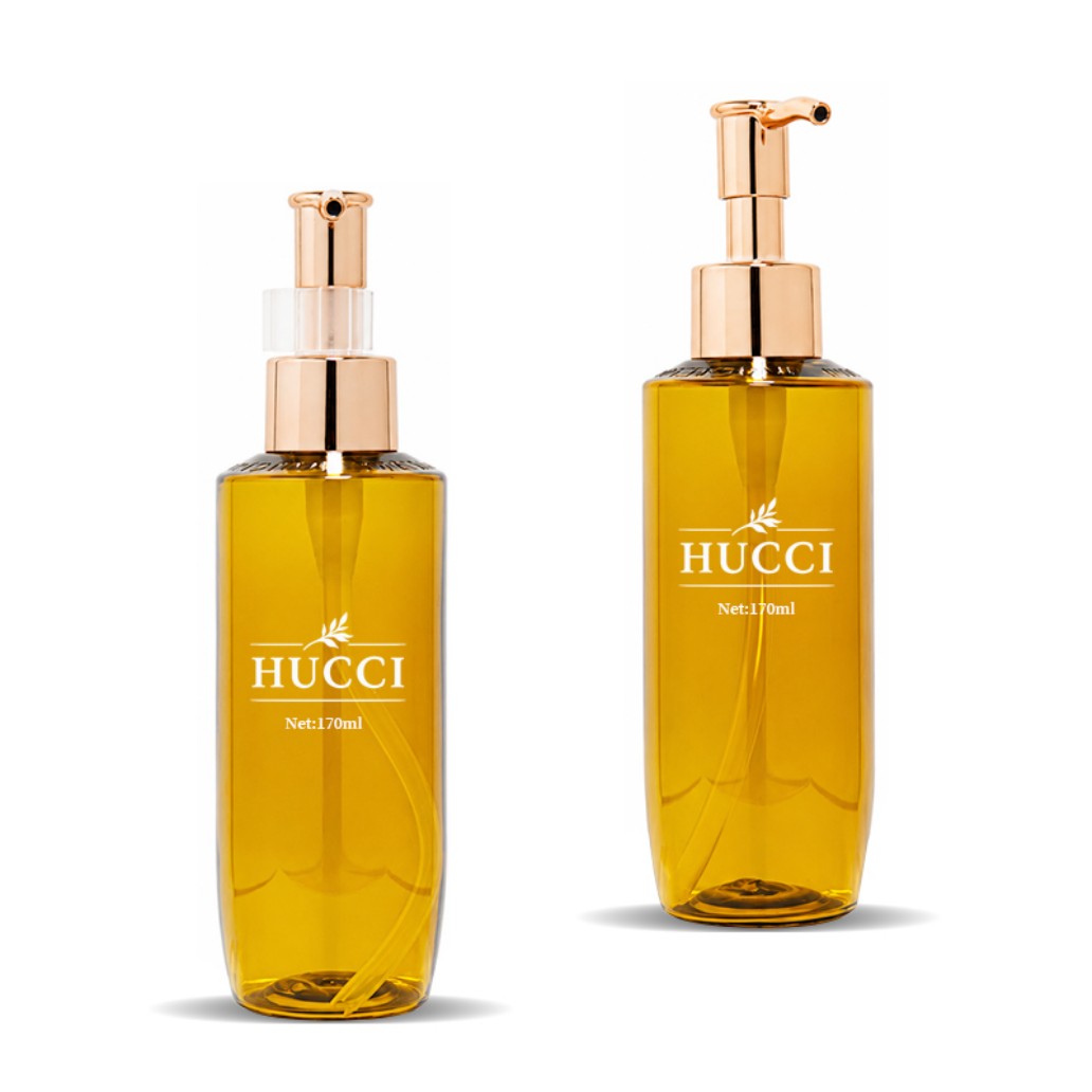 170ml YRL576 amber PET oval pump bottle two height versions white background rose gold electroplated dispenser pump