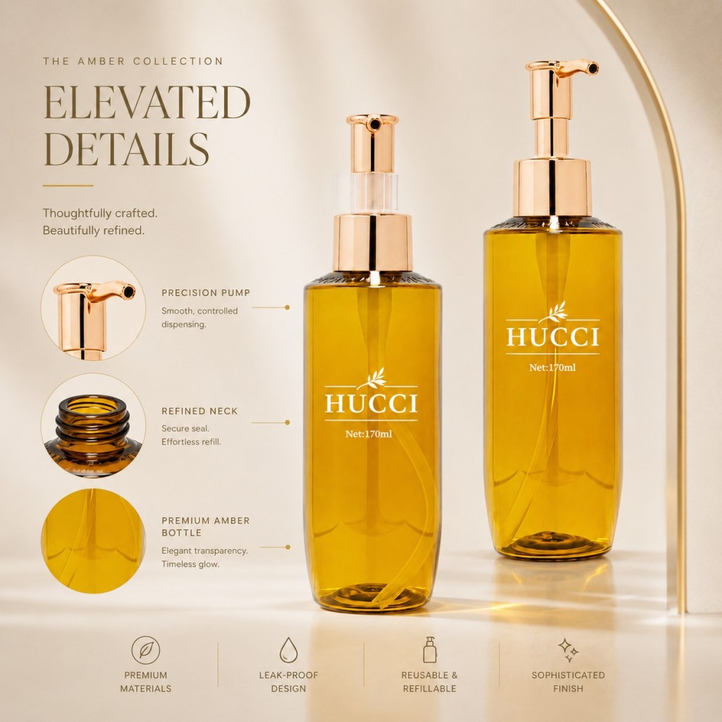 170ml amber PET pump bottle elevated details precision pump refined neck premium amber cosmetic packaging 170ml amber PET pump bottle elevated details precision pump refined neck premium amber cosmetic packaging