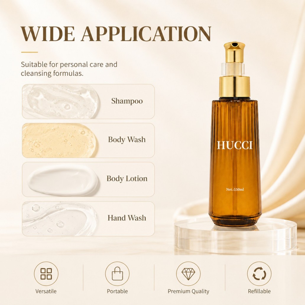 150ml ribbed amber PET pump bottle wide application for shampoo body wash body lotion hand wash packaging YRL626}
