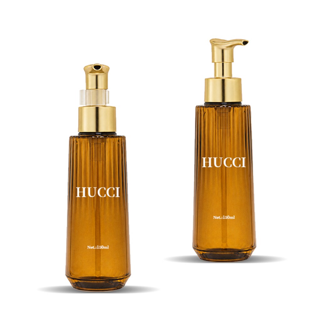 150ml YRL626 ribbed amber PET pump bottle two height versions gold dispenser pump white background main product image