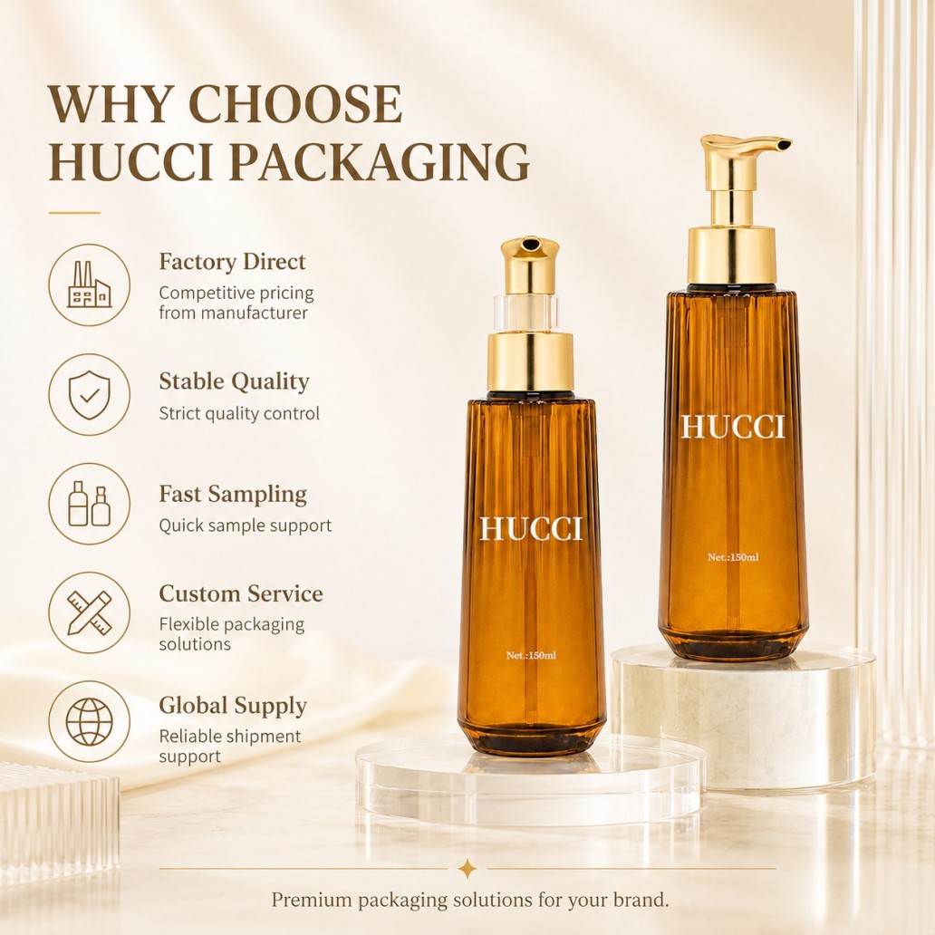 Why choose Hucci Packaging 150ml YRL626 ribbed amber PET pump bottle gold pump luxury cosmetic packaging factory direct custom service Why choose Hucci Packaging 150ml YRL626 ribbed amber PET pump bottle gold pump luxury cosmetic packaging factory direct custom service