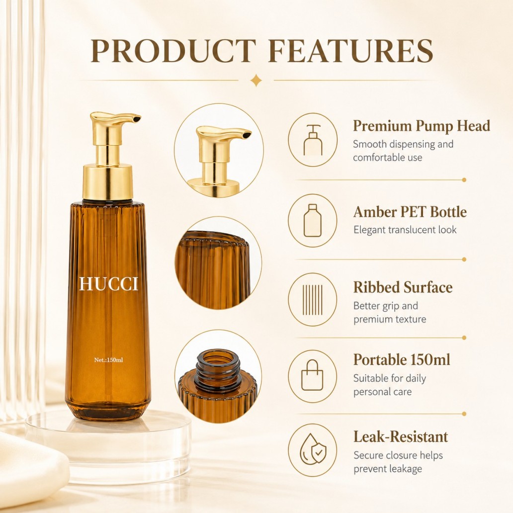 150ml YRL626 ribbed amber PET pump bottle product features gold premium pump leak resistant cosmetic packaging 150ml YRL626 ribbed amber PET pump bottle product features gold premium pump leak resistant cosmetic packaging