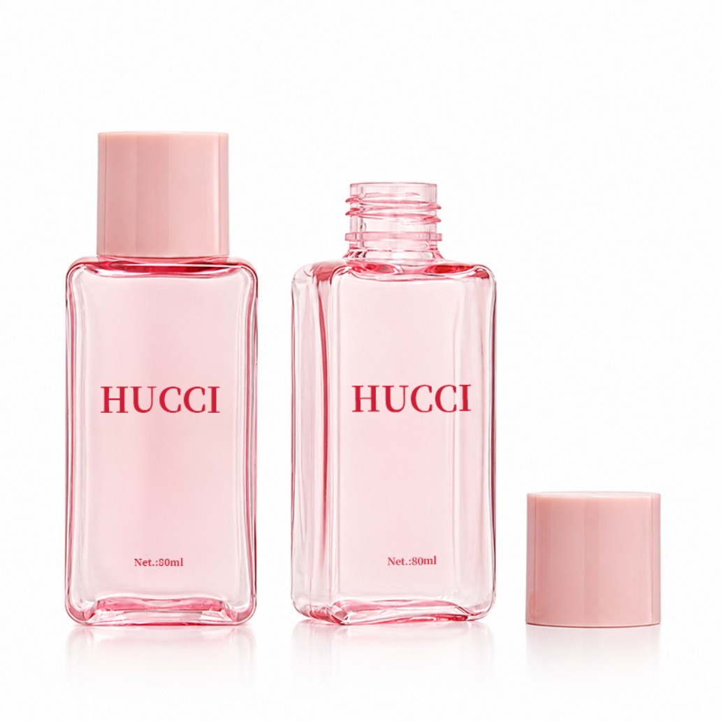 80ml YRL654 square transparent pink PET cosmetic bottle white background main product image with PP cap