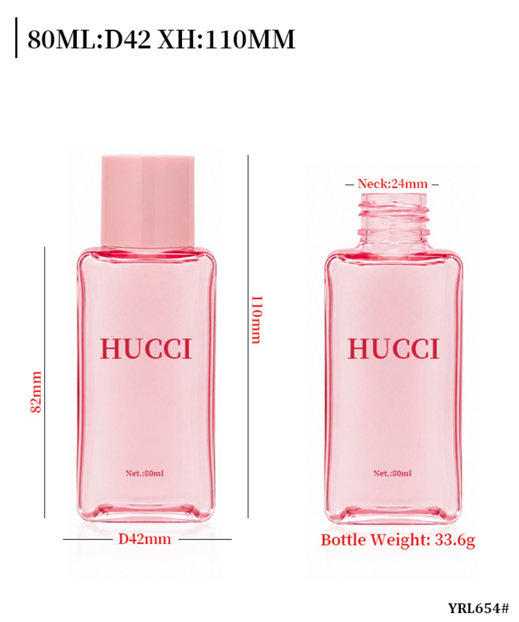 80ml YRL654 D42 XH110mm square transparent PET cosmetic bottle dimension specification bottle weight data