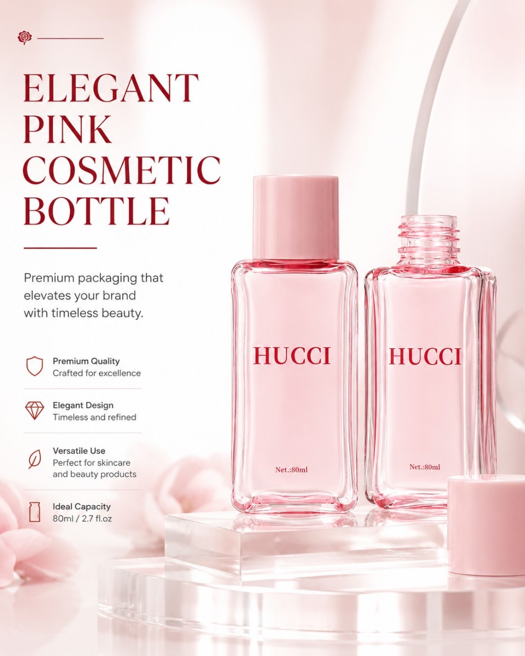 Elegant pink 80ml square transparent PET cosmetic bottle premium skincare packaging YRL654 for beauty brand