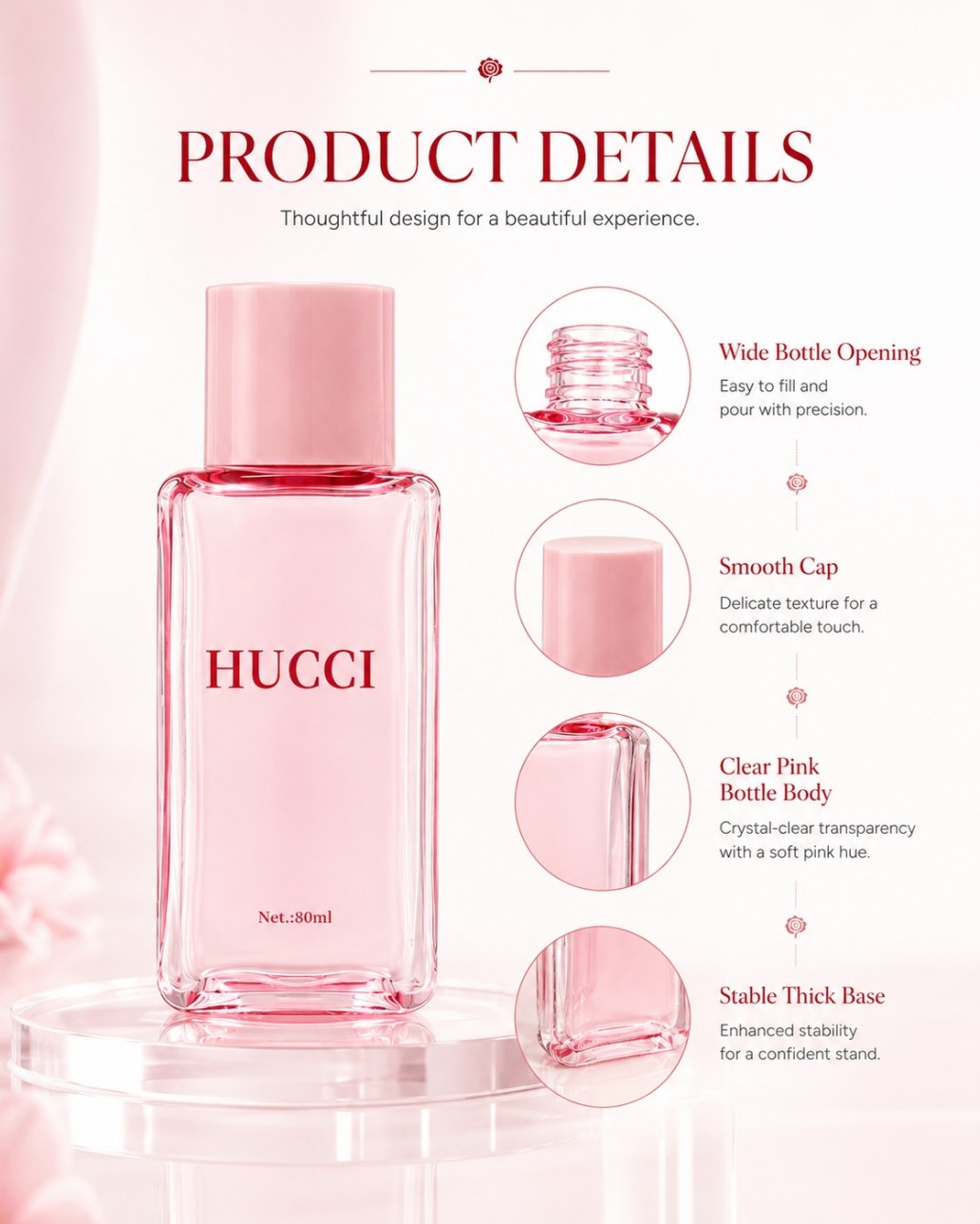 80ml YRL654 square transparent pink PET cosmetic bottle product details wide opening smooth cap thick stable base