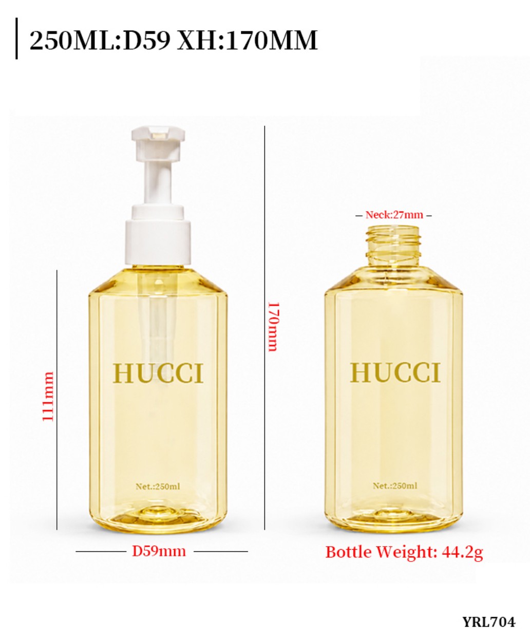 250ml YRL704 D59 XH170mm transparent PET pump bottle dimension specification bottle weight data 250ml YRL704 D59 XH170mm transparent PET pump bottle dimension specification bottle weight data