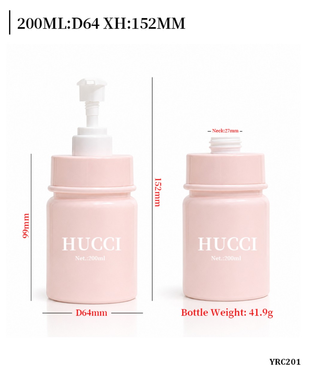200ml YRC201 D64 XH152mm pink HDPE lotion pump bottle dimension specification bottle weight data