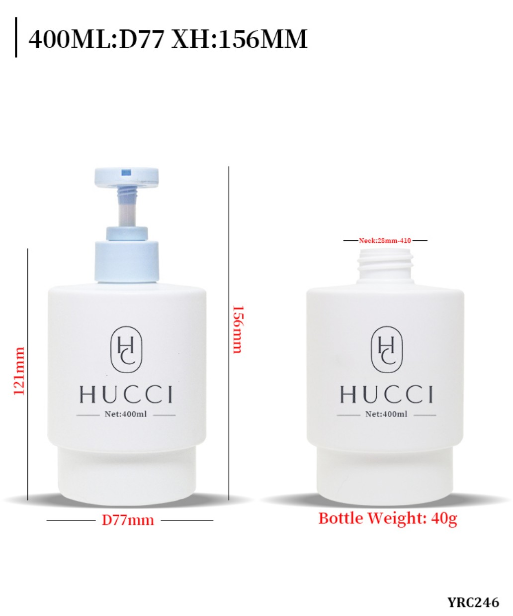 400ml YRC246 D77 XH156mm matte white PE lotion pump bottle dimension specification bottle weight data
