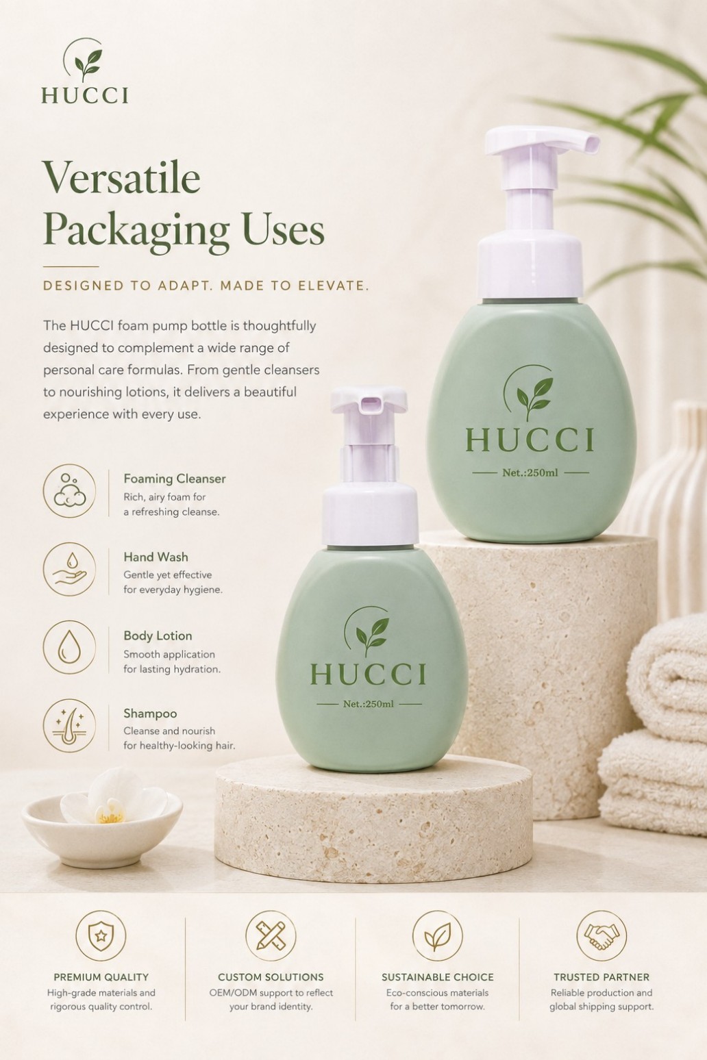 HUCCI 250ml Foam Pump Bottle for Cleanser Hand Wash Shampoo HUCCI 250ml Foam Pump Bottle for Cleanser Hand Wash Shampoo