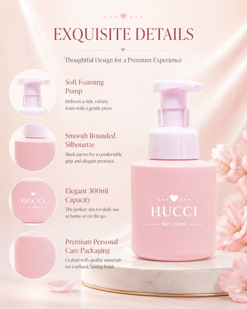 HUCCI 300ml Pink Foam Pump Bottle Premium Design Details Features HUCCI 300ml Pink Foam Pump Bottle Premium Design Details Features