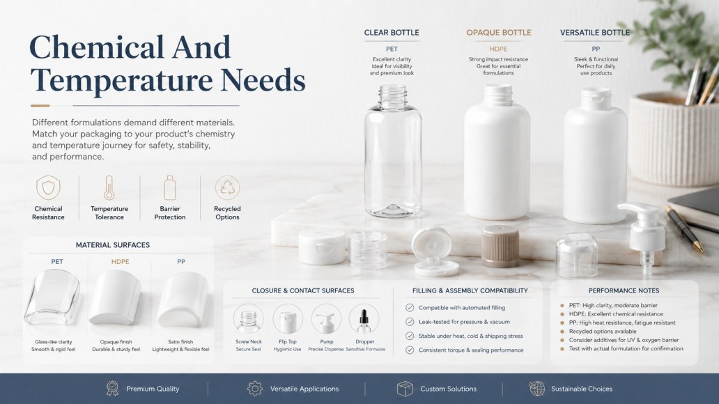 PET HDPE and PP cosmetic bottles comparison for chemical resistance and performance PET HDPE and PP cosmetic bottles comparison for chemical resistance and performance