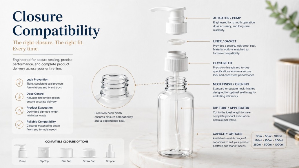 Plastic cosmetic bottle closure compatibility with pump neck gasket and dip tube Plastic cosmetic bottle closure compatibility with pump neck gasket and dip tube