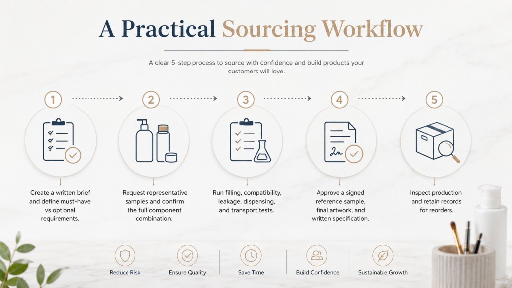 Five step plastic cosmetic packaging sourcing workflow from samples to production Five step plastic cosmetic packaging sourcing workflow from samples to production