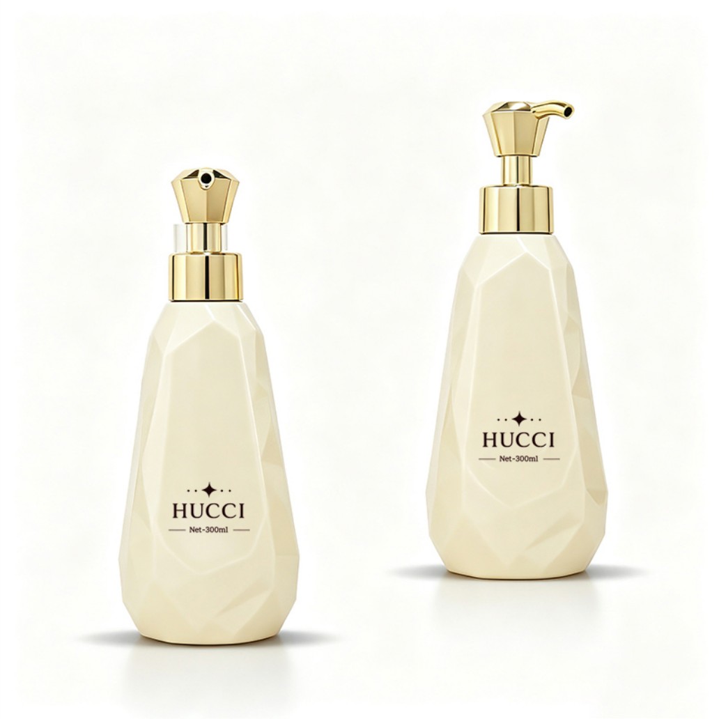 HUCCI 300ml Beige PET Faceted Lotion Bottle Dual Pump Style White Background