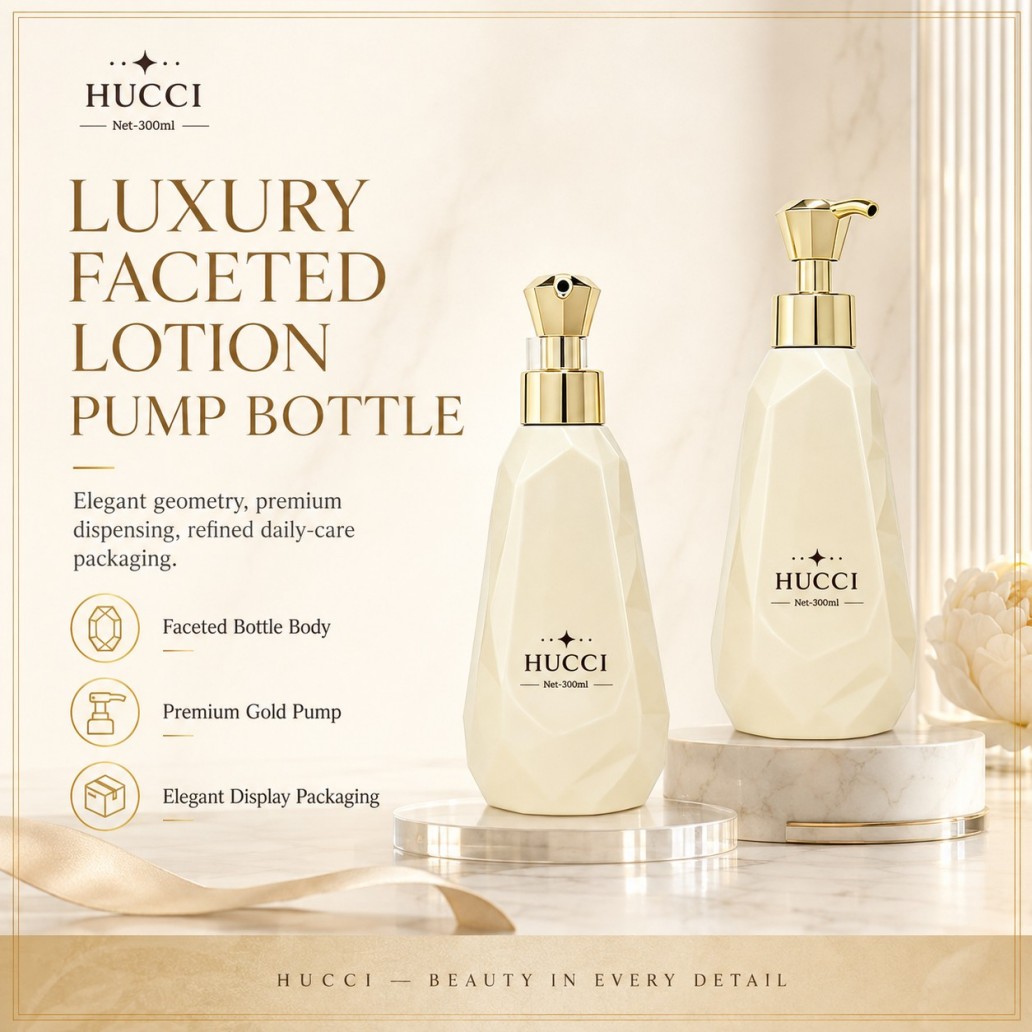HUCCI 300ml Premium Faceted Gold Pump Lotion Bottle Overview HUCCI 300ml Premium Faceted Gold Pump Lotion Bottle Overview