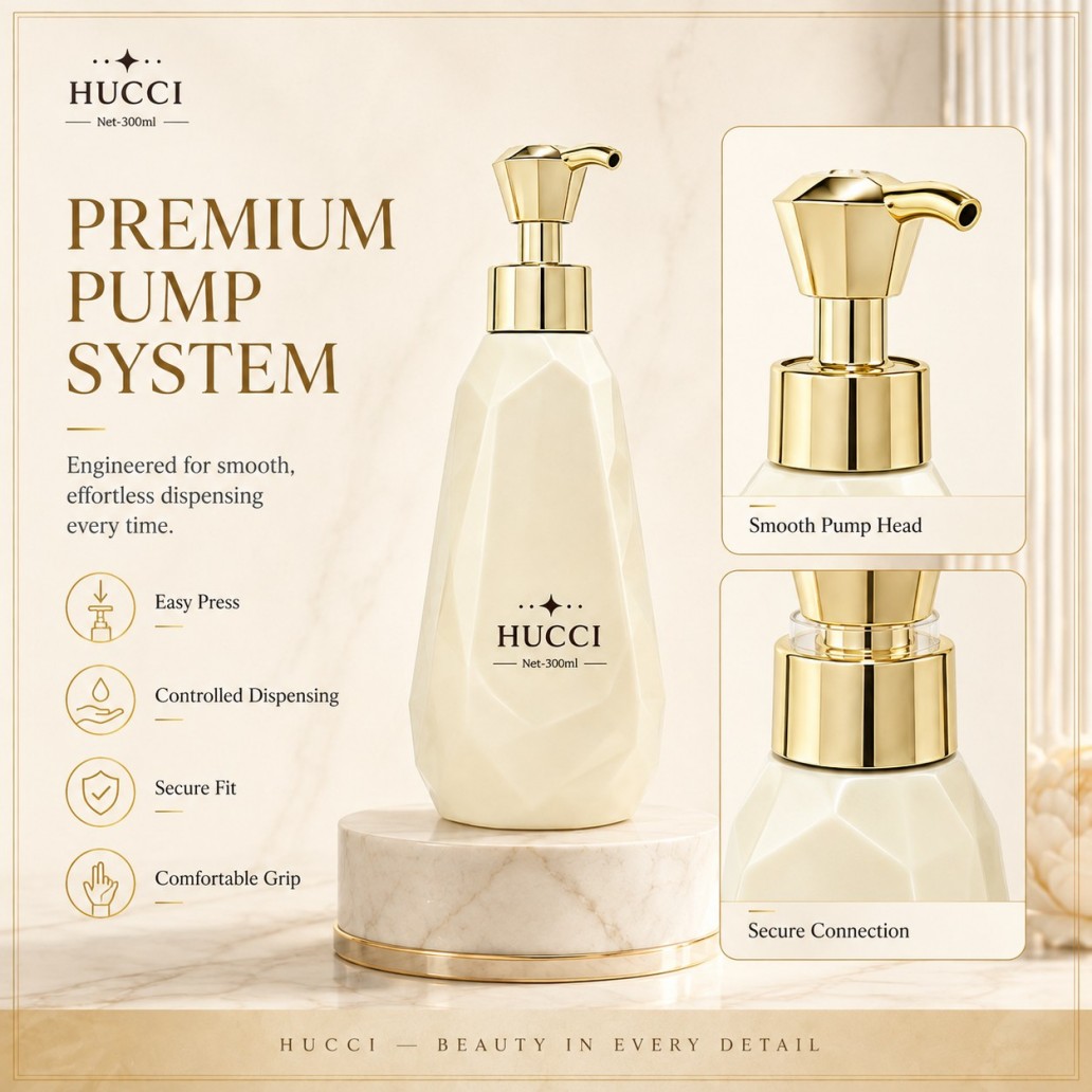HUCCI 300ml Faceted Bottle Electroplated Gold Lotion Pump Structure Details HUCCI 300ml Faceted Bottle Electroplated Gold Lotion Pump Structure Details