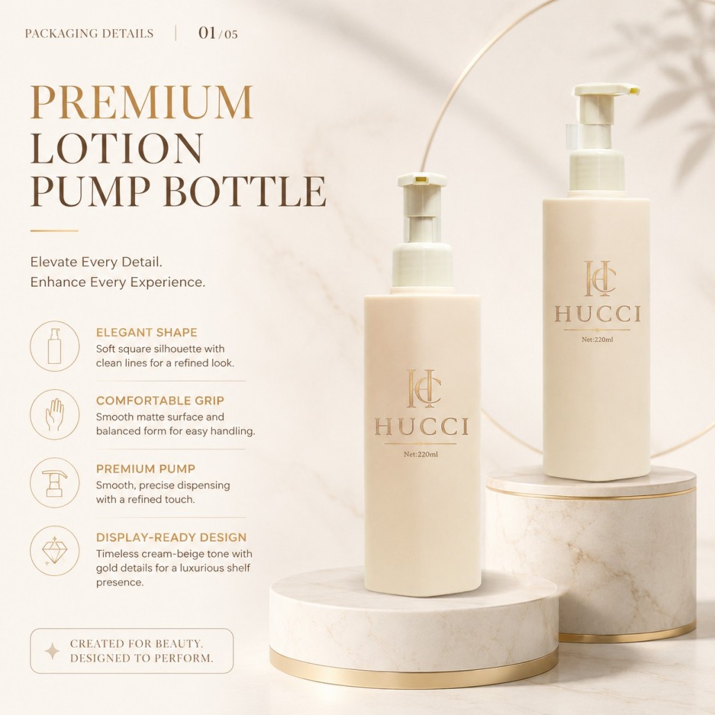 HUCCI 220ml Matte Beige Square Lotion Pump Bottle Premium Features Introduction HUCCI 220ml Matte Beige Square Lotion Pump Bottle Premium Features Introduction