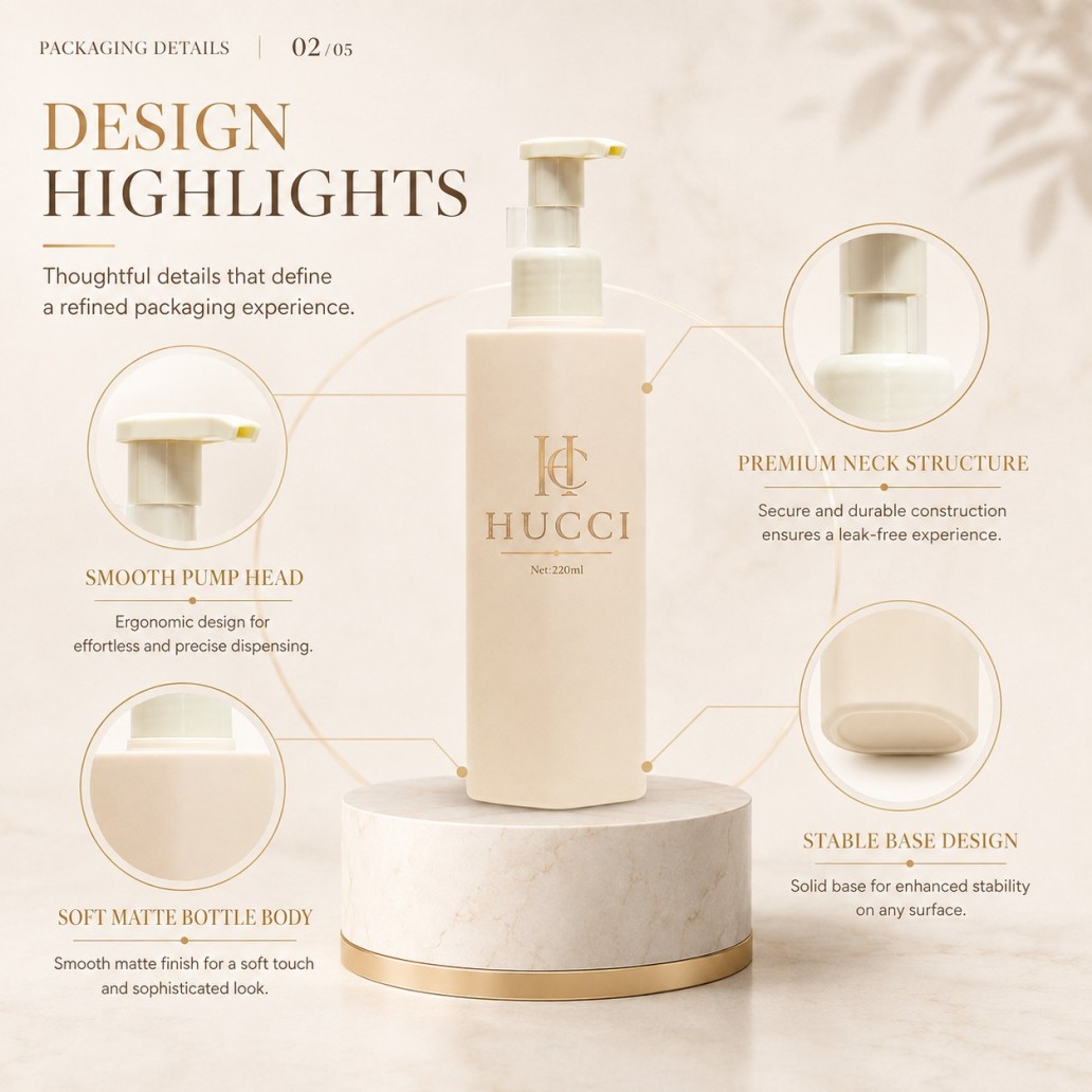 HUCCI 220ml Matte Beige Lotion Pump Bottle Structure & Design Details HUCCI 220ml Matte Beige Lotion Pump Bottle Structure & Design Details