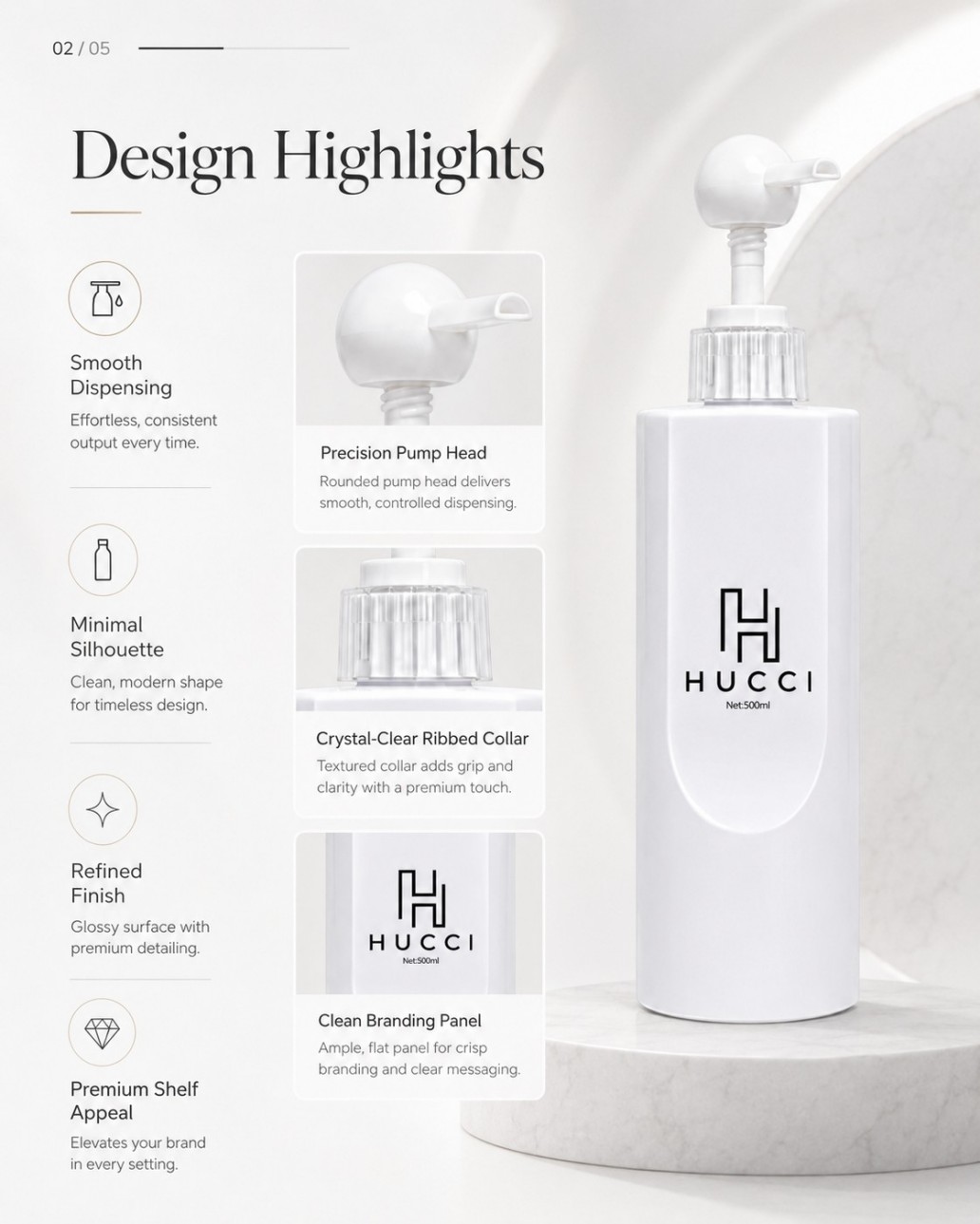HUCCI 500ml Minimalist Pump Bottle Precision Pump & Structure Details HUCCI 500ml Minimalist Pump Bottle Precision Pump & Structure Details
