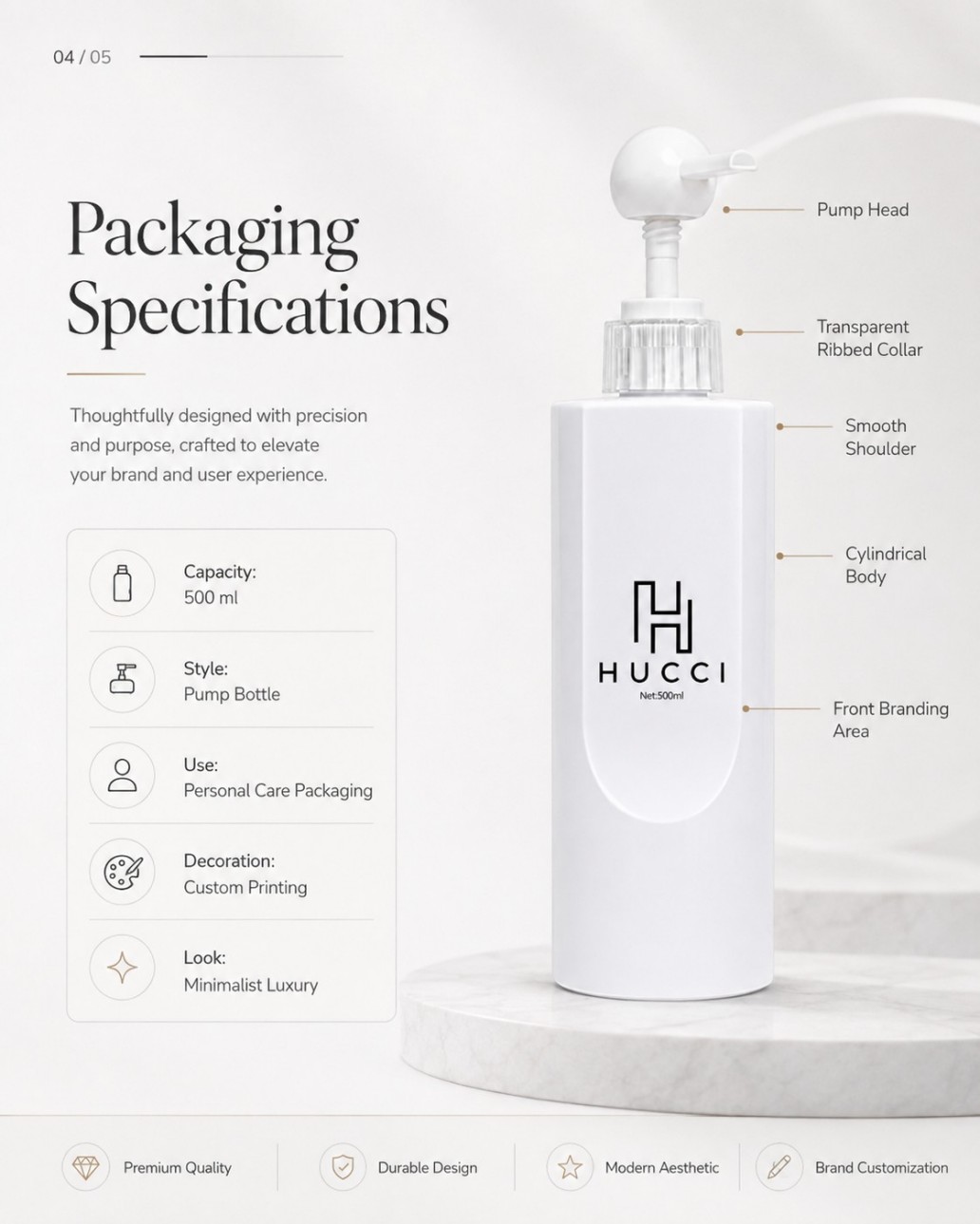 HUCCI 500ml Minimalist Luxury Pump Bottle Full Packaging Specifications HUCCI 500ml Minimalist Luxury Pump Bottle Full Packaging Specifications