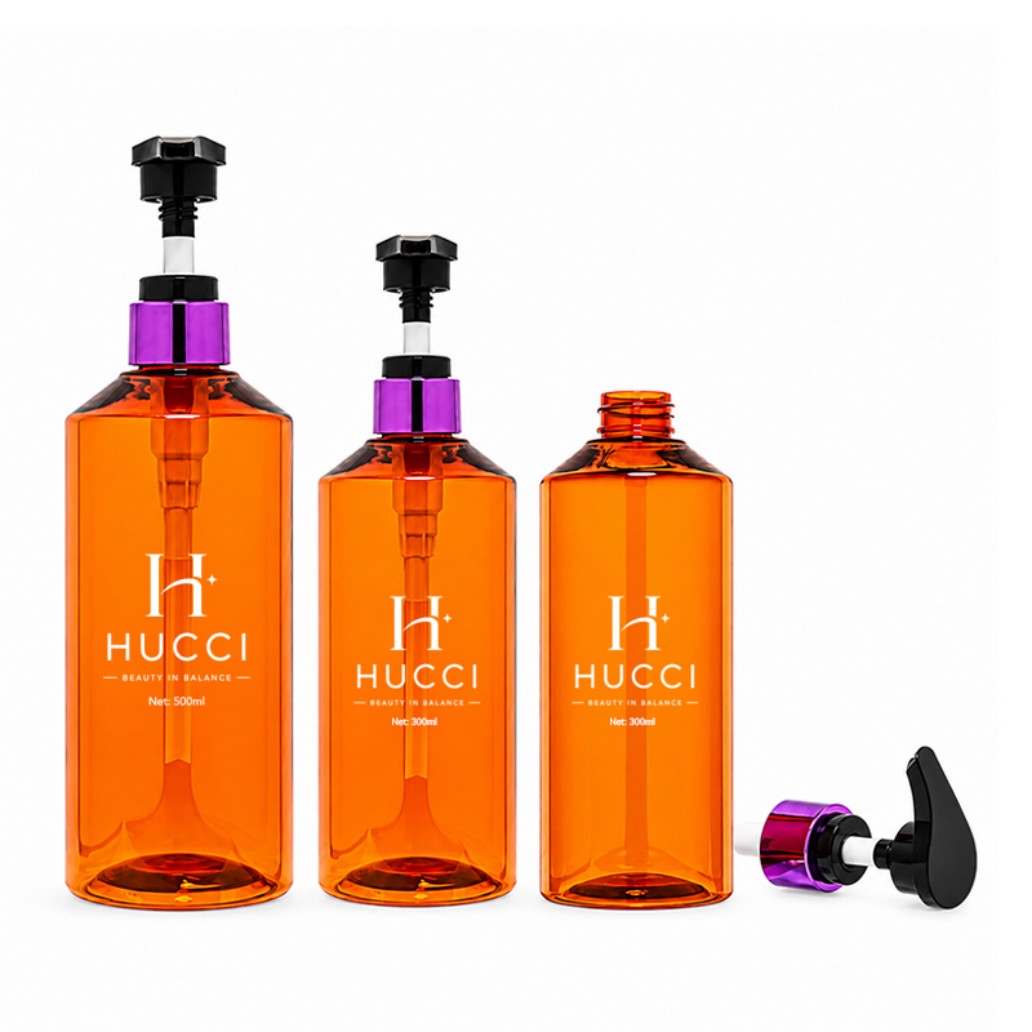 HUCCI 300ml 500ml Amber PET Pump Bottle with Disassembled Pump White Background