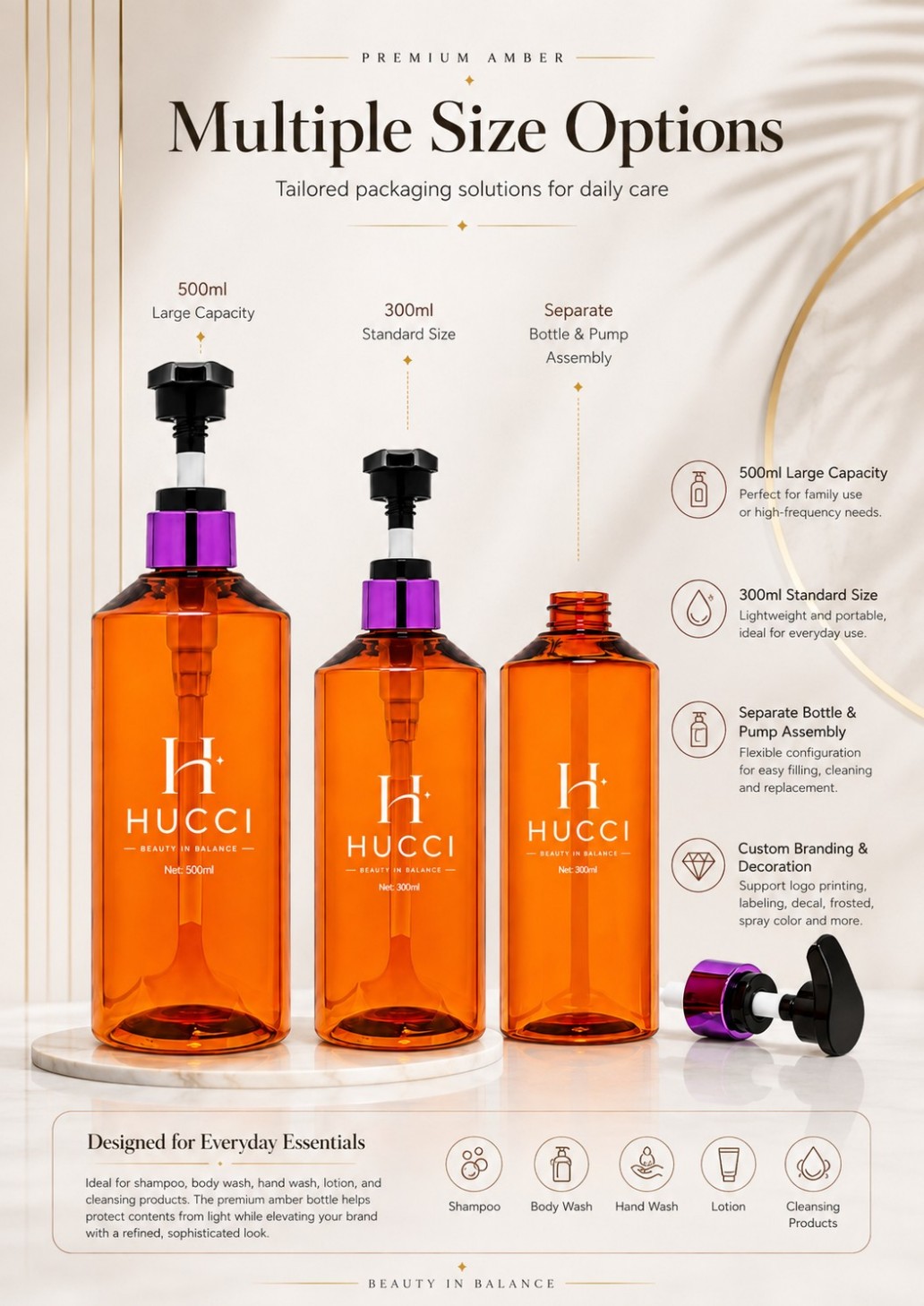 HUCCI 300ml 500ml Amber Pump Bottle Capacity & Assembly Options