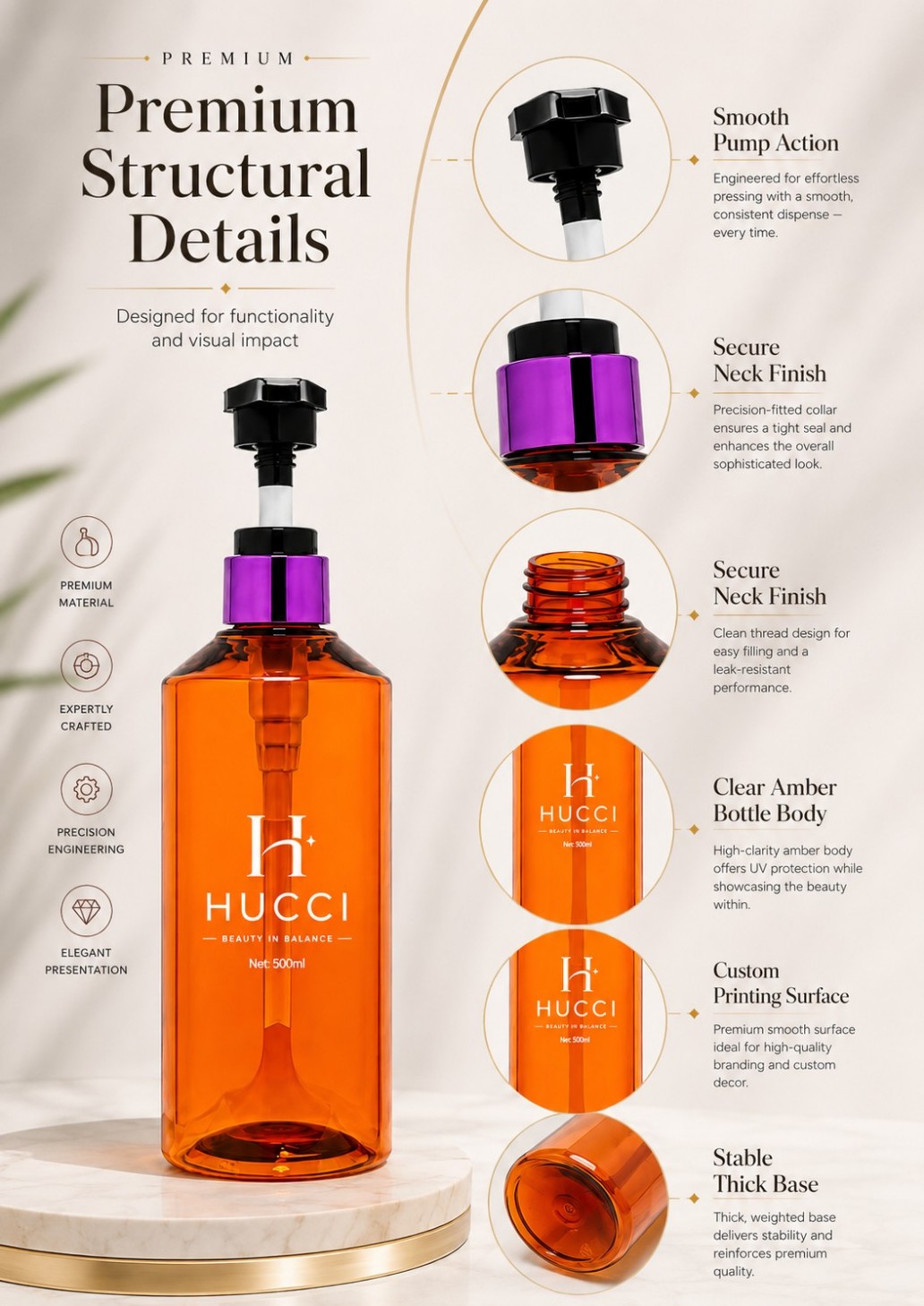 HUCCI Amber Pump Bottle Pump Neck Body Base Structural Design Details