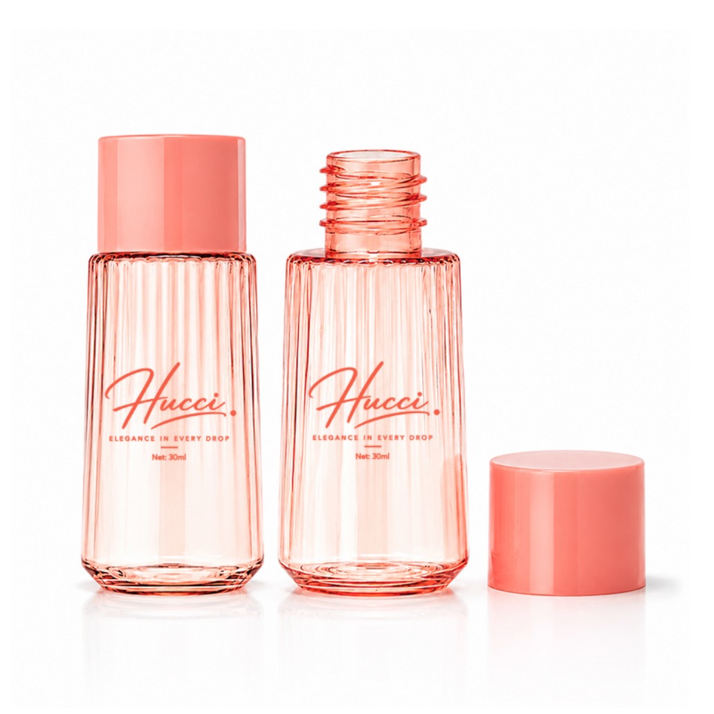 HUCCI 30ml Pink PET Ribbed Sample Bottle with Detachable Cap White Background
