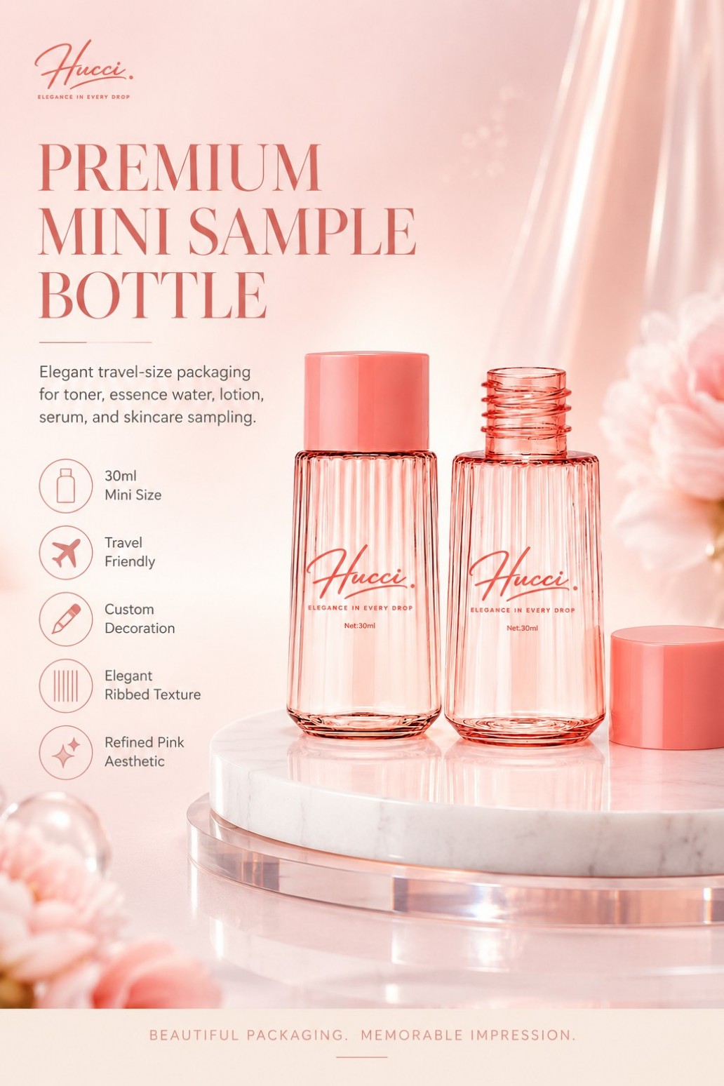 HUCCI 30ml Pink Ribbed Mini Travel Skincare Sample Bottle Premium Introduction HUCCI 30ml Pink Ribbed Mini Travel Skincare Sample Bottle Premium Introduction