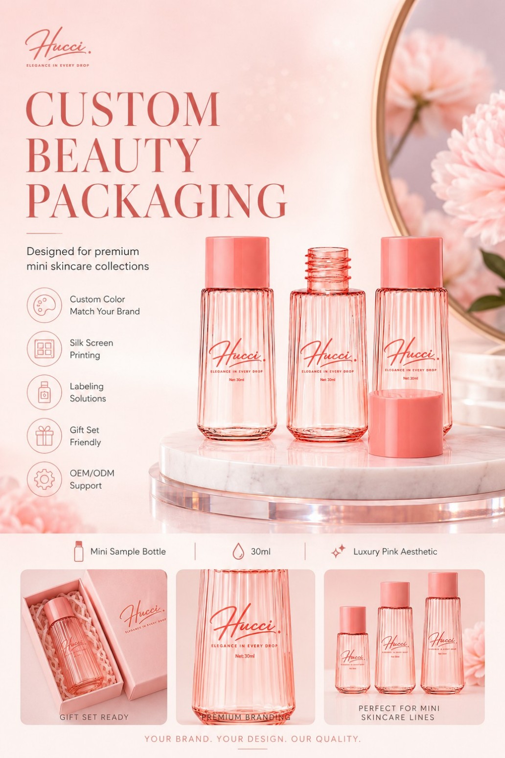 HUCCI 30ml Pink Ribbed Mini Bottle OEM ODM Custom Beauty Packaging Solution HUCCI 30ml Pink Ribbed Mini Bottle OEM ODM Custom Beauty Packaging Solution