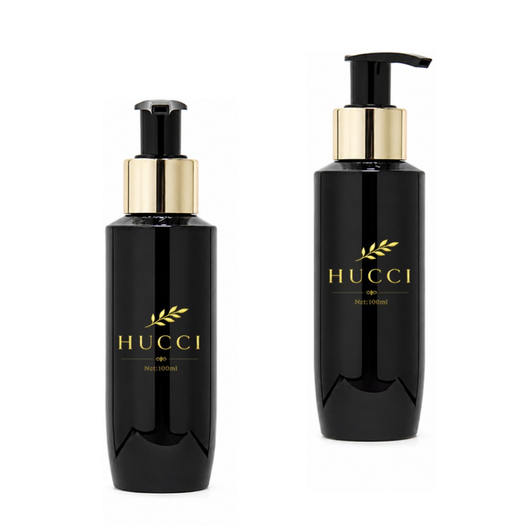 HUCCI 100ml Glossy Black PET Lotion Pump Bottle Dual Pump Style White Background