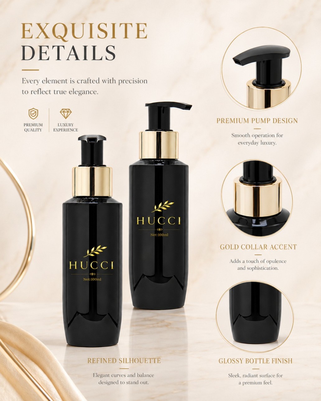 HUCCI 100ml Luxury Black Gold Lotion Pump Bottle Premium Design Details HUCCI 100ml Luxury Black Gold Lotion Pump Bottle Premium Design Details
