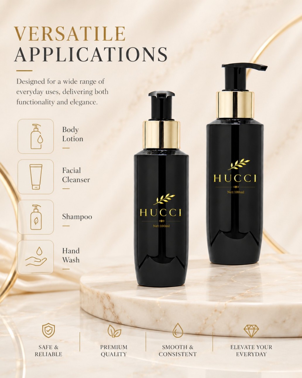HUCCI 100ml Pump Bottle for Body Lotion Cleanser Shampoo Hand Wash HUCCI 100ml Pump Bottle for Body Lotion Cleanser Shampoo Hand Wash