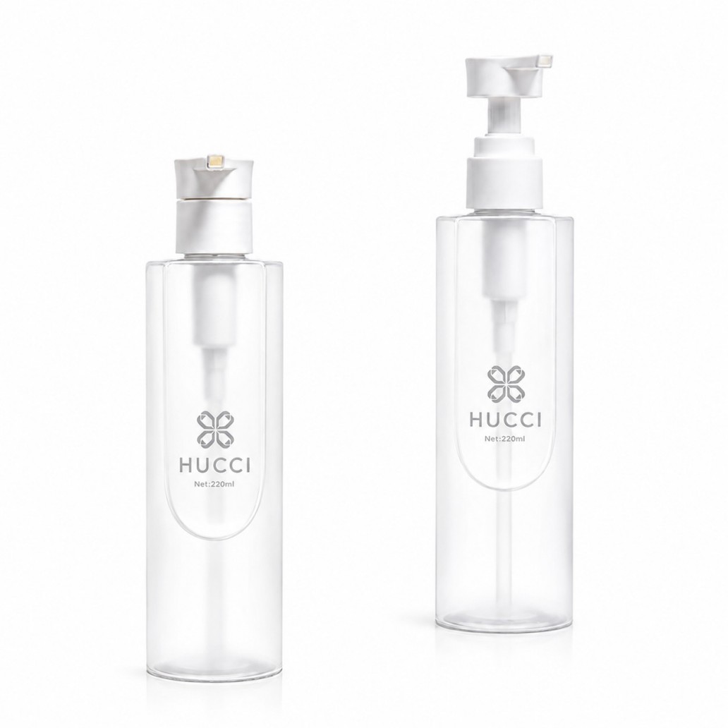HUCCI 220ml Transparent PET Lotion Pump Bottle Dual Height White Background