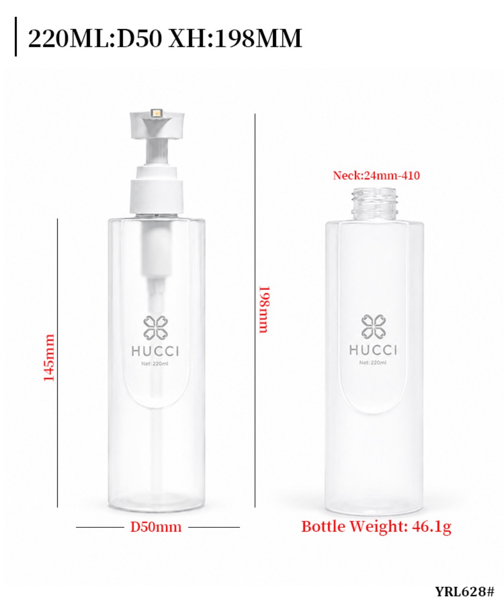 220ml Transparent PET Lotion Pump Bottle Dimensions & Weight YRL628 220ml Transparent PET Lotion Pump Bottle Dimensions & Weight YRL628