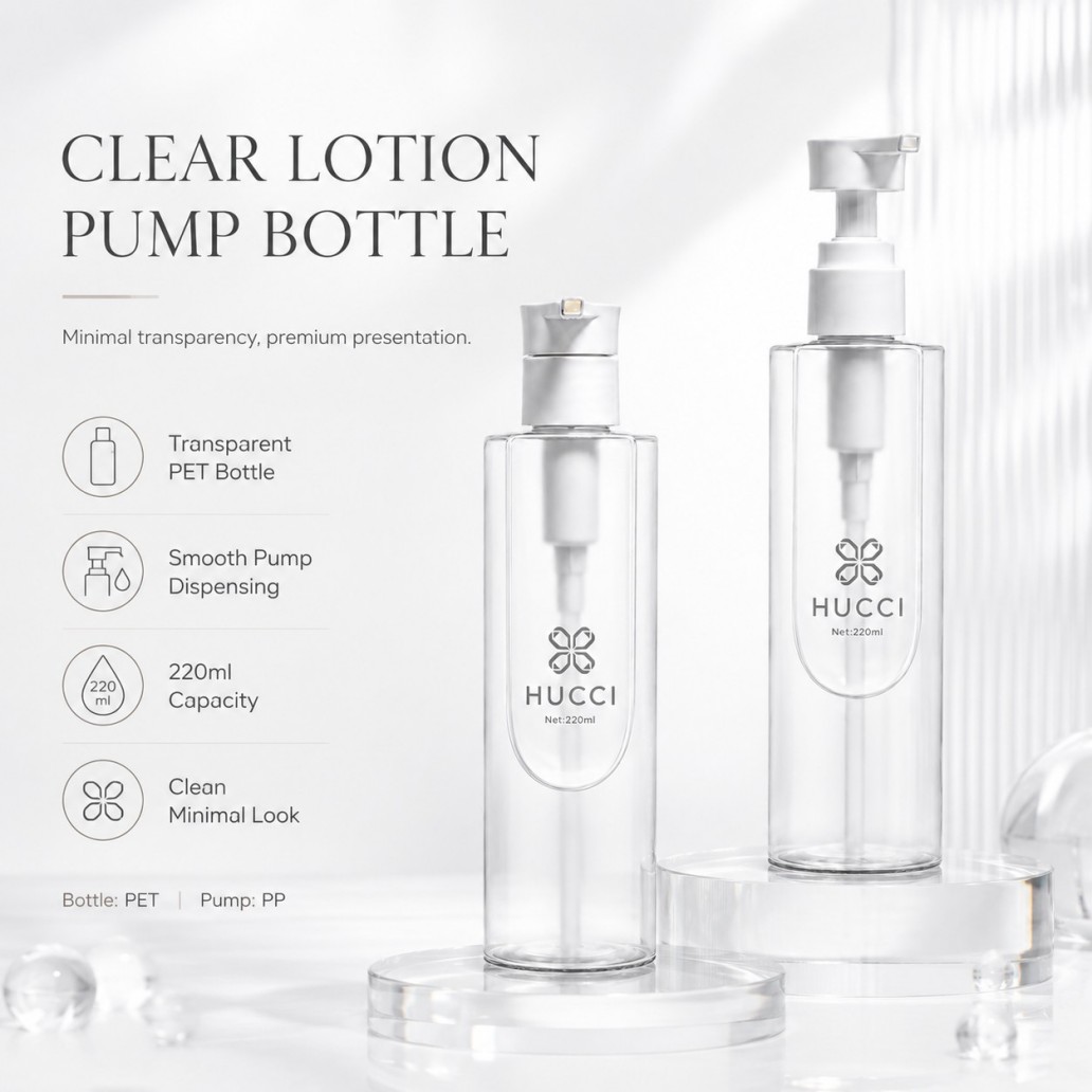 HUCCI 220ml Transparent PET Lotion Pump Bottle Minimalist Design Introduction HUCCI 220ml Transparent PET Lotion Pump Bottle Minimalist Design Introduction