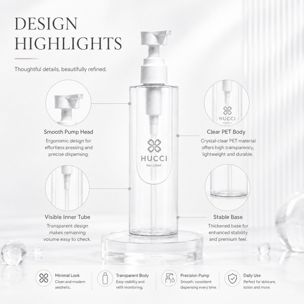 HUCCI 220ml Transparent Lotion Pump Bottle Structure & Design Details HUCCI 220ml Transparent Lotion Pump Bottle Structure & Design Details