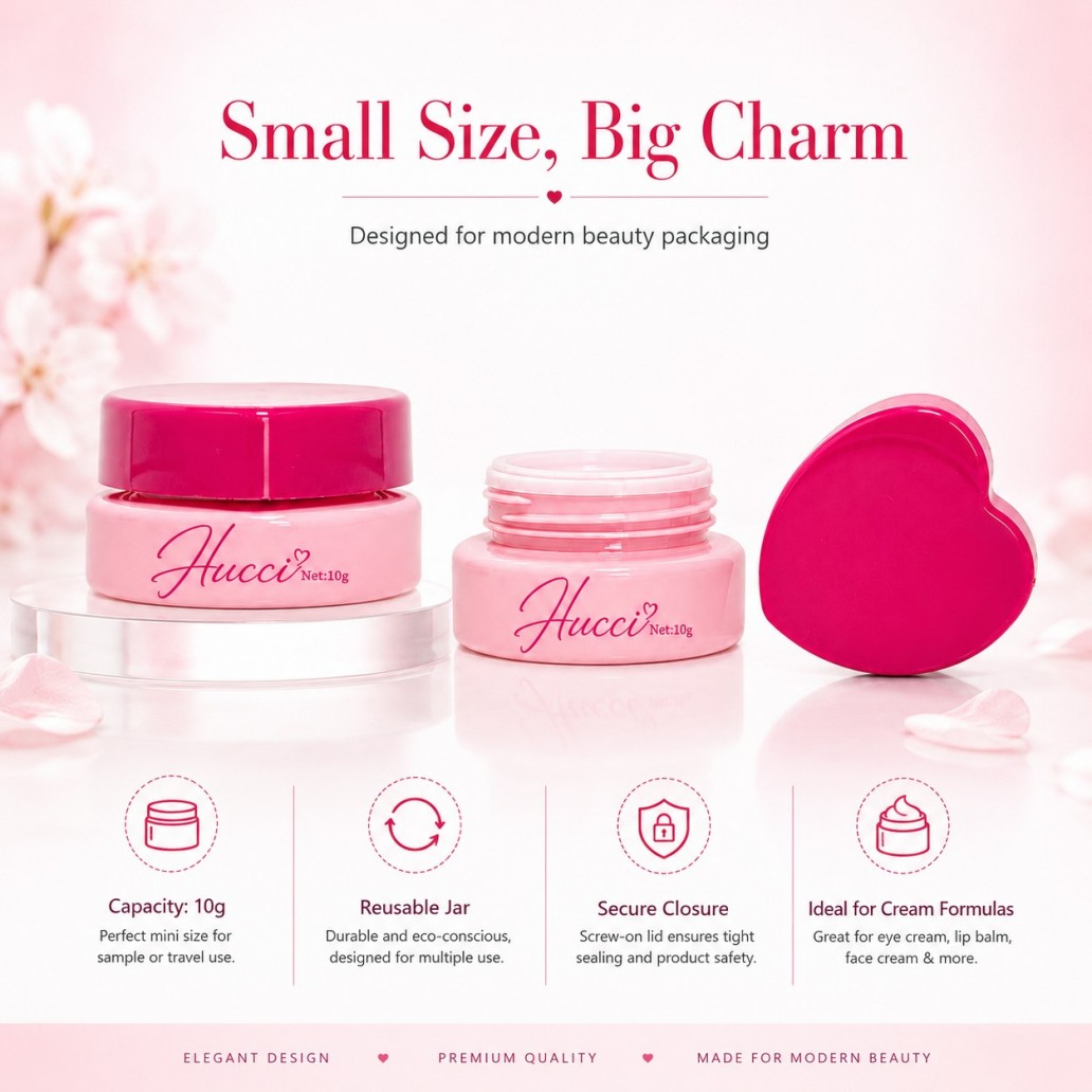HUCCI 10g Reusable Heart Shaped Cosmetic Jar Secure Closure for Travel Sample